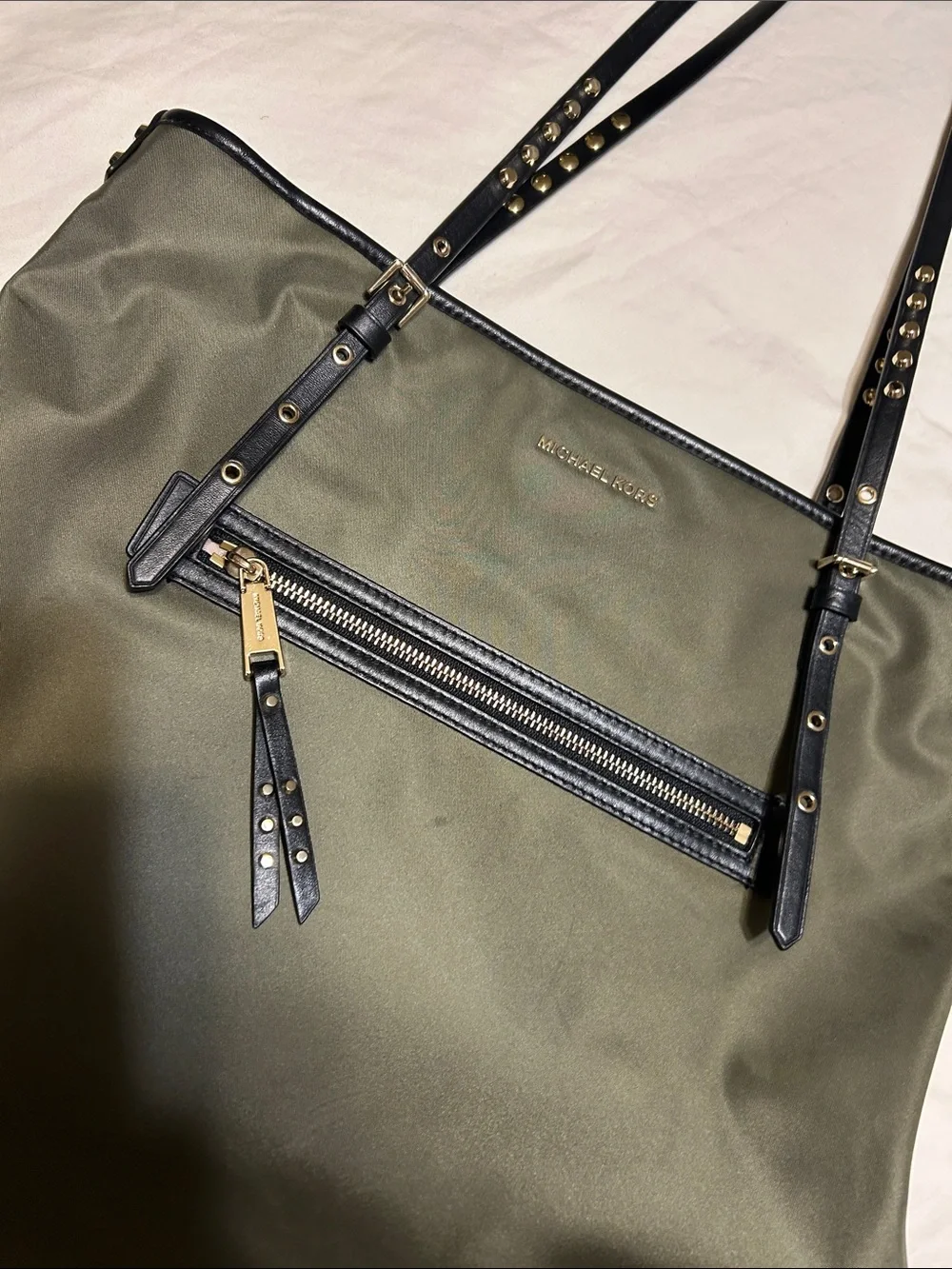 Michael Kors Olive Green Tote with Black Studded Straps